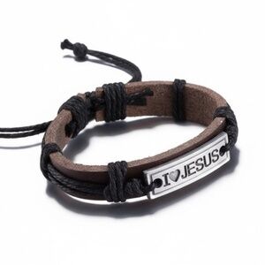 Leather Adjustable I Love Jesus Spiritual Brown Bracelet Unisex Adult
